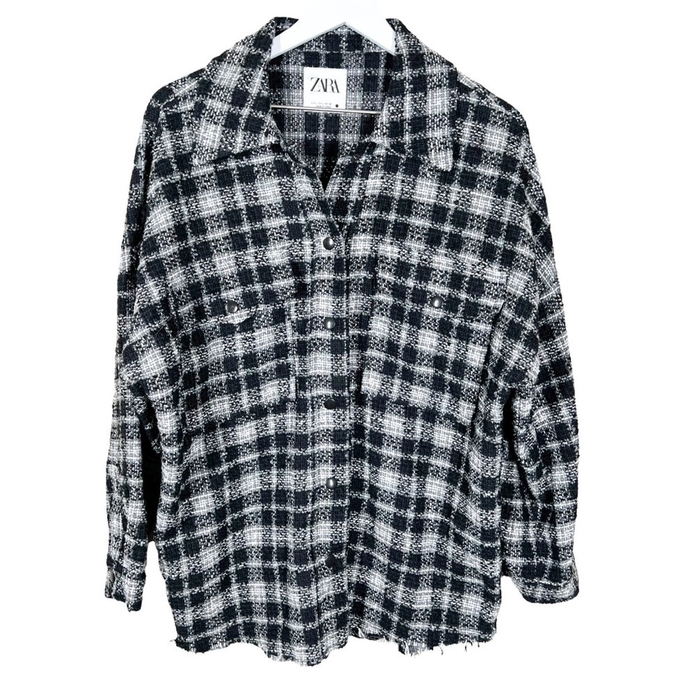 Zara Textured Tweed Plaid Oversized Button Up Shacket Over Shirt Womens Large